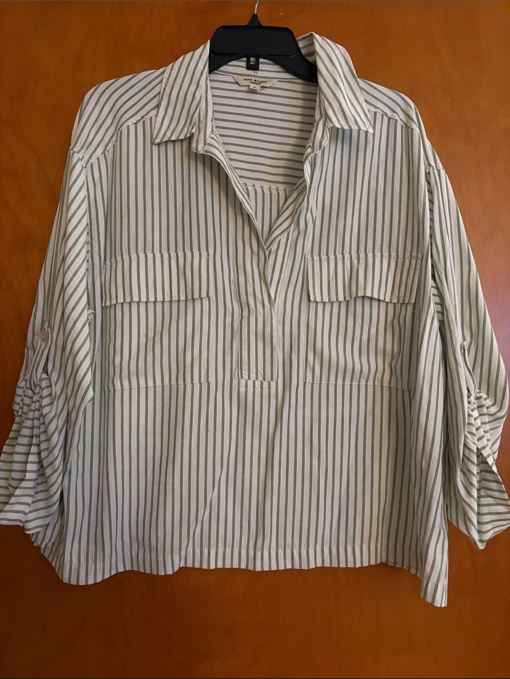 Max Studio Green and White Striped Button-Front Blouse
